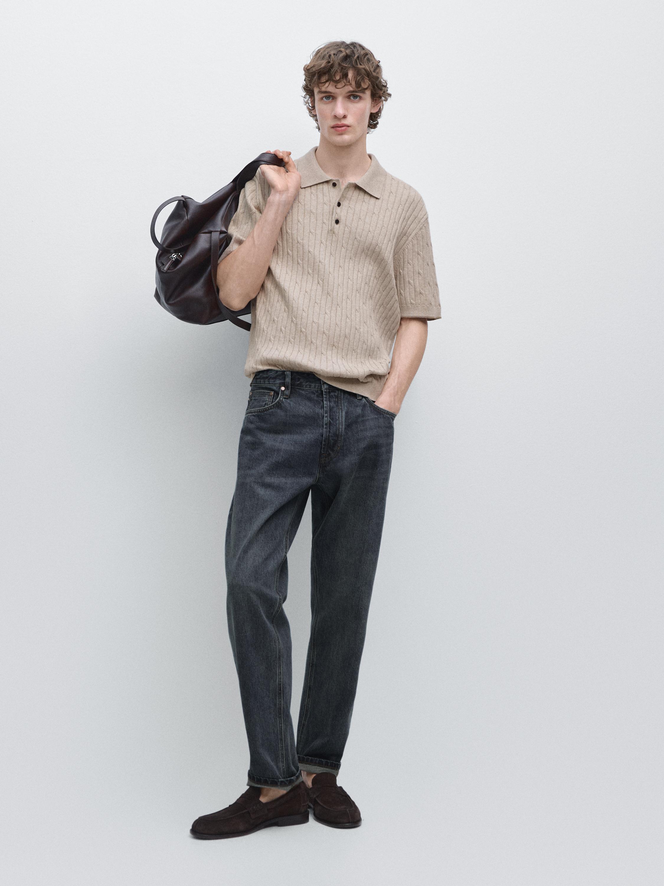 Cotton blend cable-knit polo sweater