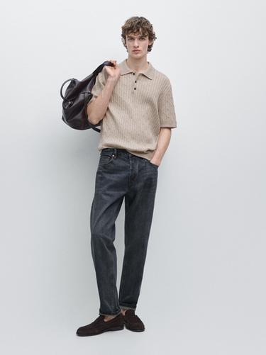 Zara Short sleeve cotton knit polo sweater - Beige - Image 0