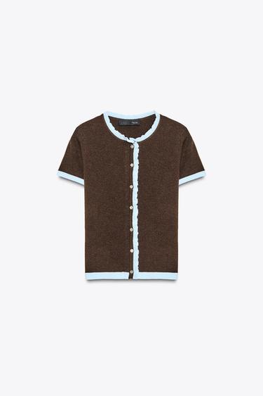 SHORT SLEEVE CONTRAST KNIT CARDIGAN - Brown by Zara