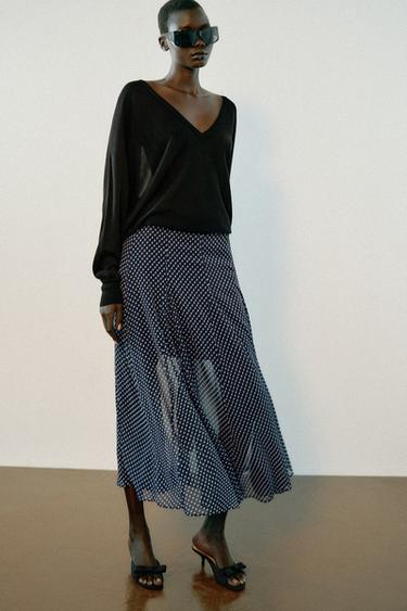 FALDA MIDI LUNARES - Marino / Blanco de Zara