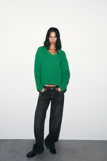 V-NECK CABLE-KNIT JUMPER - Green by Zara