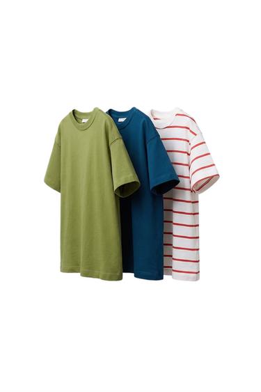 3-PACK OF STRIPED AND PLAIN T-SHIRTS - Duck green by Zara