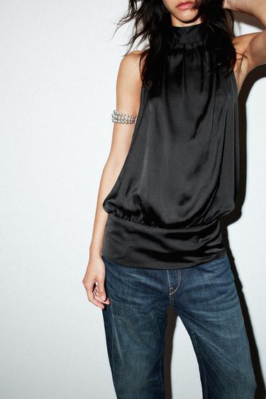 Zara SATENSKI TOP NA VEZIVANJE OKO VRATA – Crna