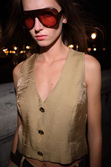 Zara GOLD BUTTON SATIN EFFECT TOP - taupe brown