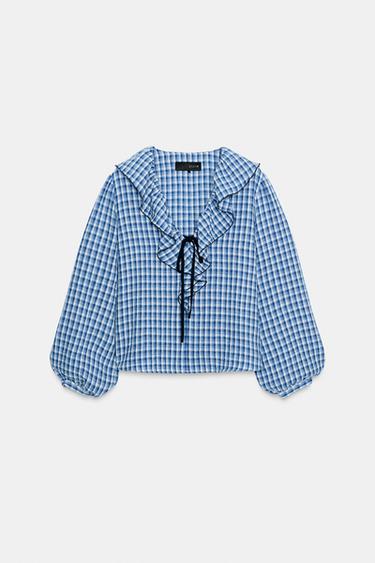 Zara RUFFLED GINGHAM BLOUSE - Blue / White