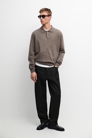Zara Wool blend knit polo sweater - Dark khaki - Image 0