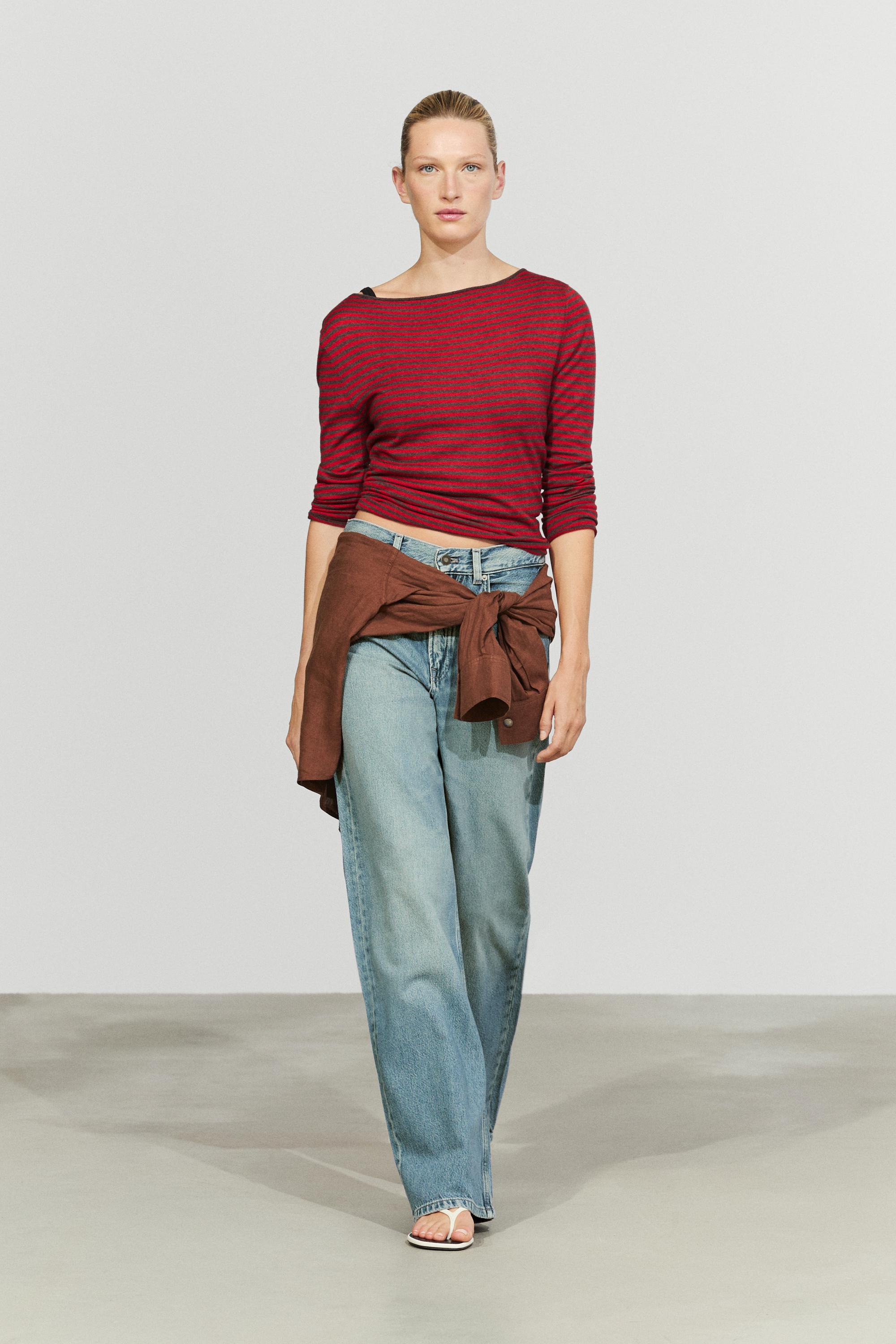 Striped wool-blend knit sweater — Red
