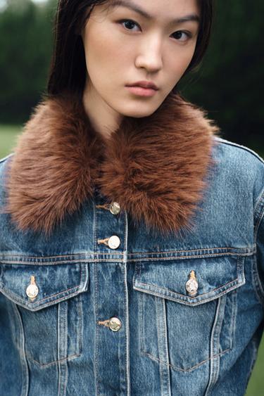 Zara Z1975 短版翻領仿毛牛仔外套 - 中藍色