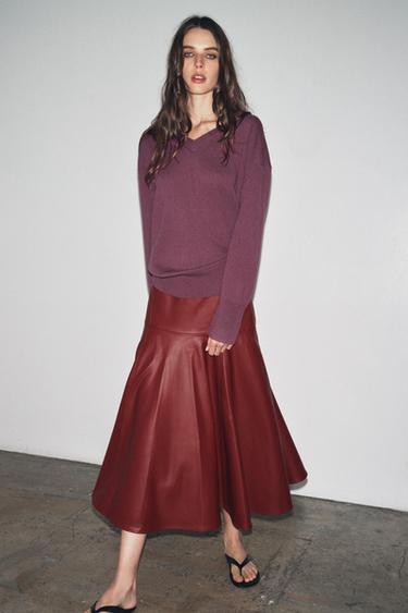 Zara FAUX LEATHER MIDI SKIRT ZW COLLECTION - Maroon