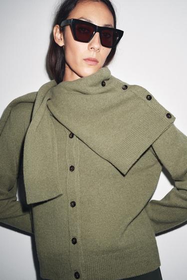 Zara CASHMERE AND WOOL BASIC CARDIGAN - GREENISH