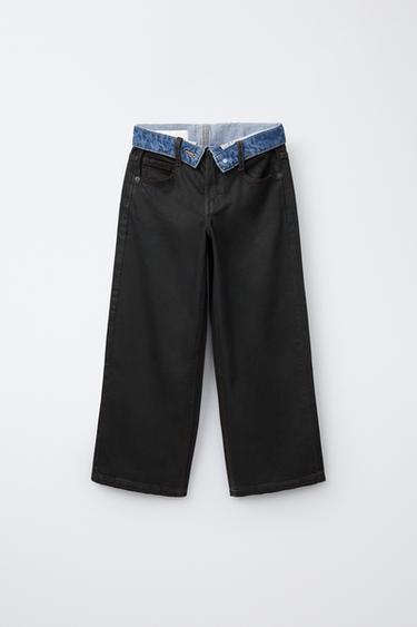 WIDE-LEG FOLD-OVER WAIST JEANS — Black 1