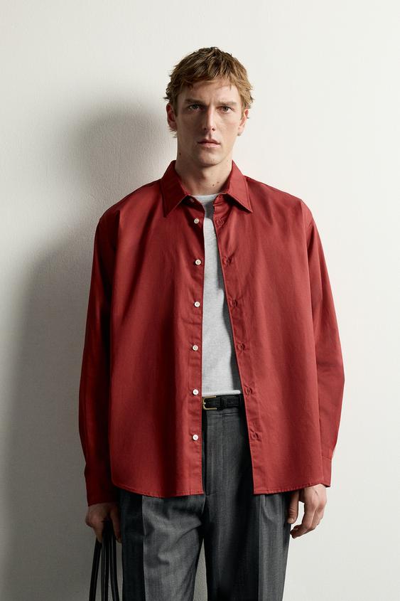 RELAXED FIT COTTON AND LYOCELL SHIRT - Red by Zara - Image 1