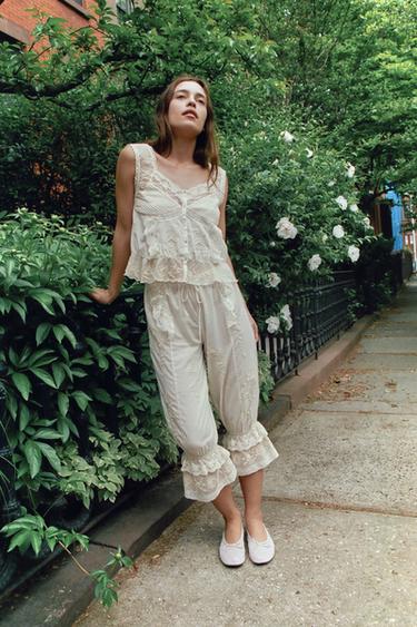 Zara PLEATED BEADED EMBROIDERED TOP - Ecru - Image 0