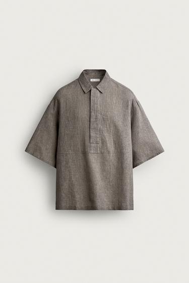 LAISVO KIRPIMO LINO IR MEDVILNĖS POLO MARŠKINIAI – Grey marl – „Zara“
