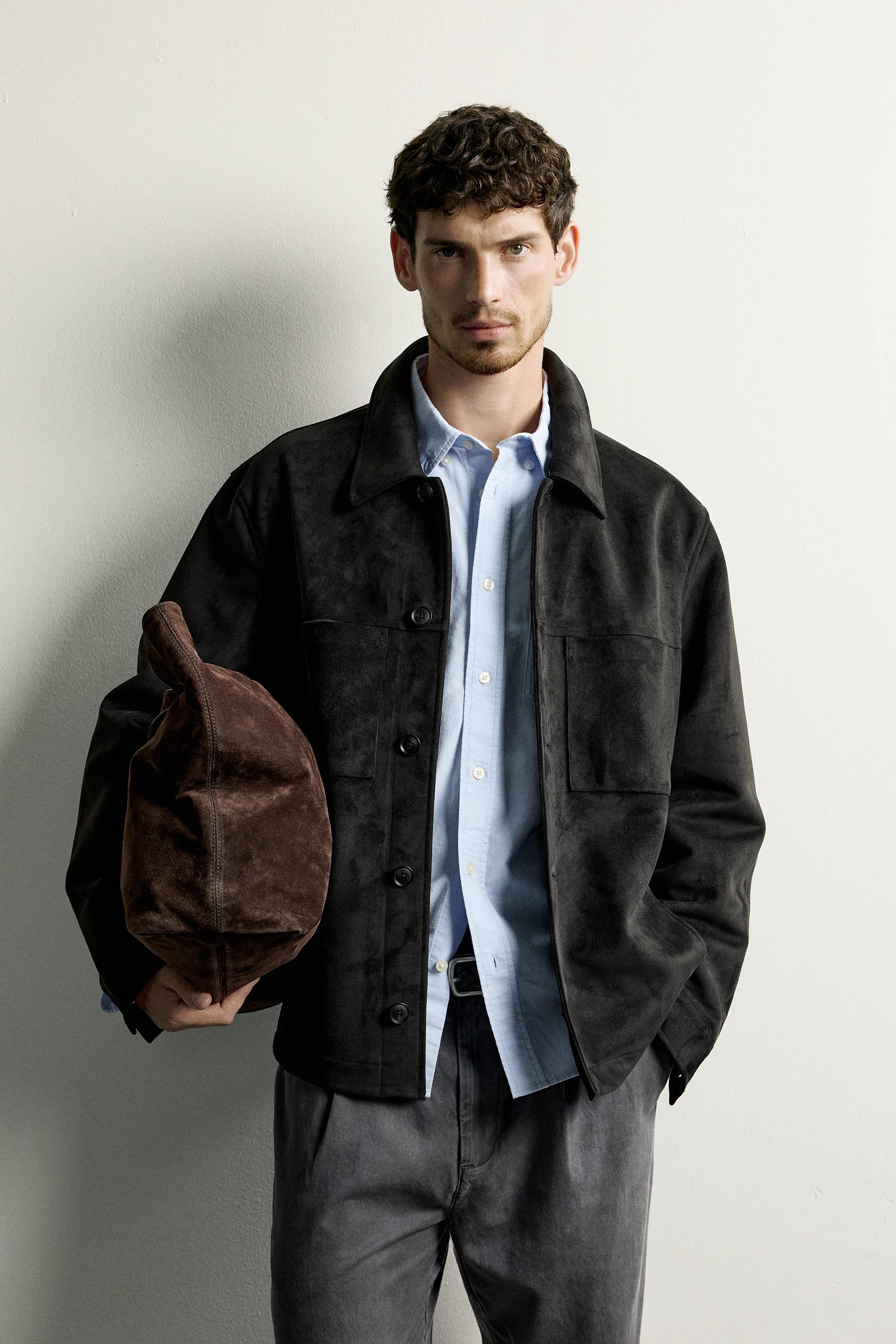 FAUX SUEDE REGULAR FIT OVERSHIRT — Black