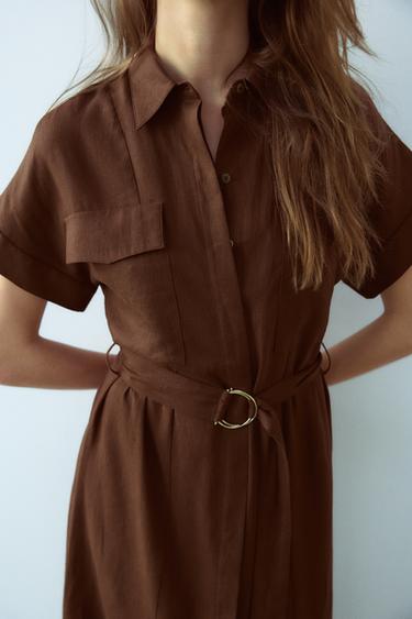VESTIDO COM LINHO E CINTO - Chocolate da Zara