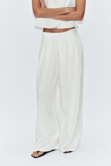 Zara WIDE LEG PLEATED LINEN PANTS - Oyster-white