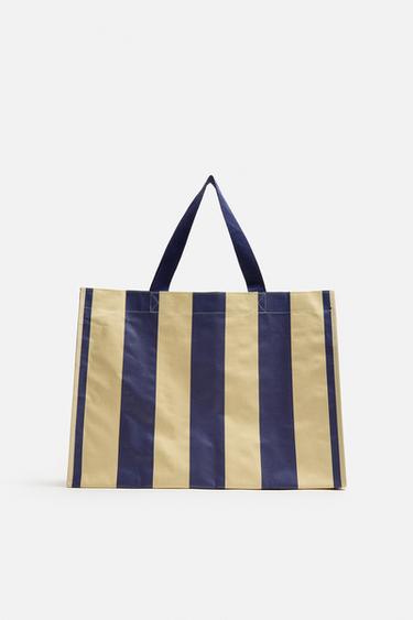 STRIPED TOTE BAG WITH POUCH - Ecru / Blue by Zara