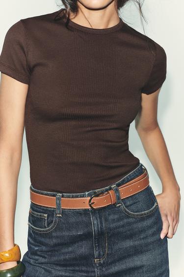 RIB SHORT SLEEVE T-SHIRT - Chocolate by Zara - Image 0