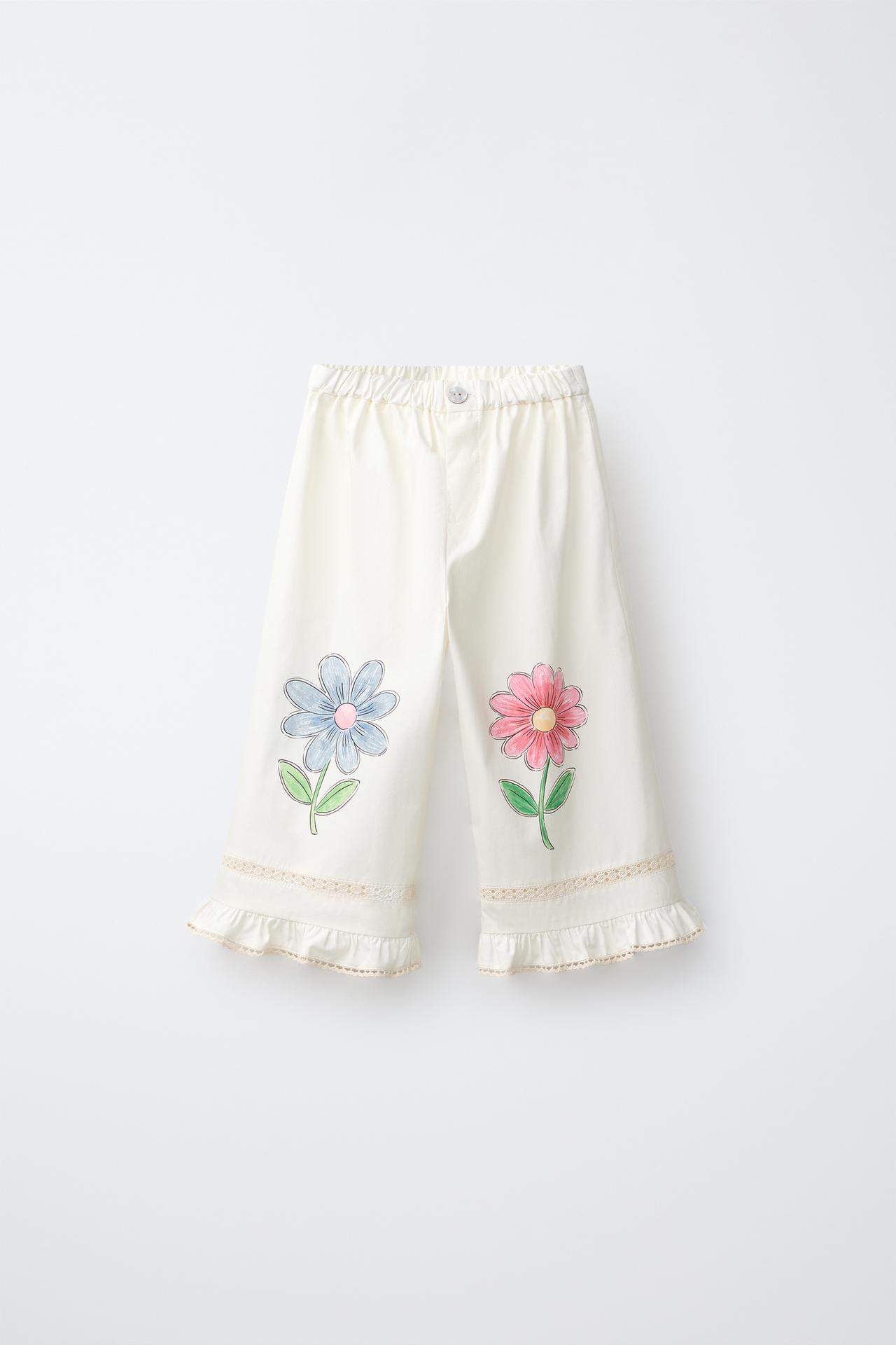 FLORAL PRINT WIDE LEG PANTS — Ecru