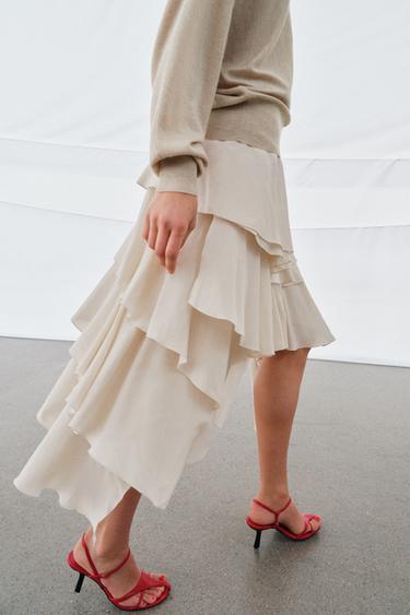 ZW COLLECTION FLOWING RUFFLE SKIRT - Beige / Green by Zara