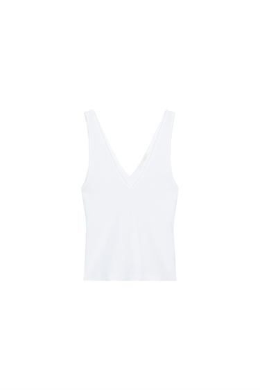 Zara 羅紋 V 領上衣 - 白色