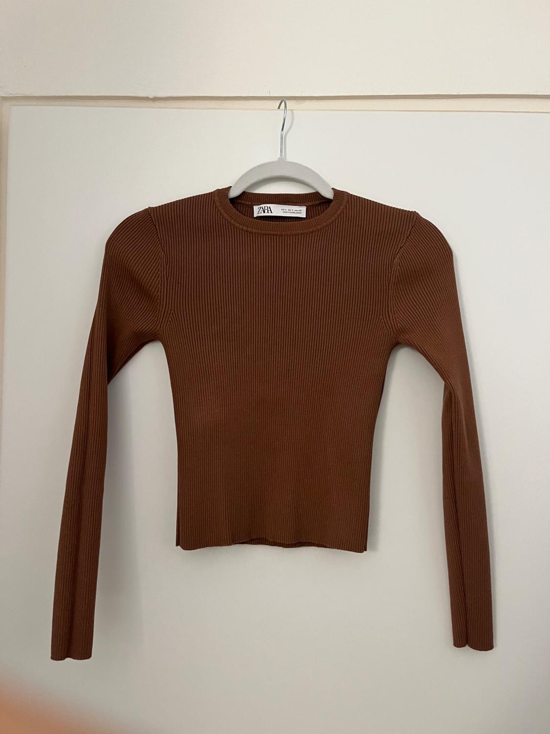 Brown, long-sleeved, ribbed jumper hanging on a white hanger against a light background. Visible label: "ZARA".