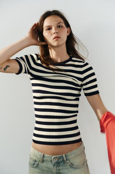 STRIPED RIBBED TOP - Navy / White by Zara