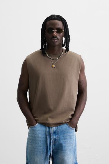 Zara RELAXED FIT TANK T-SHIRT - Mink brown