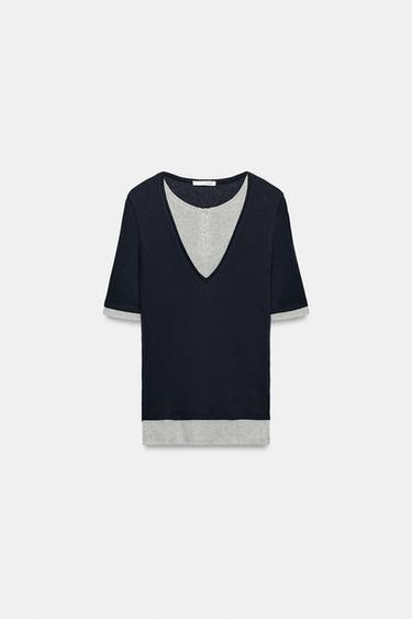Zara 雙層拼接紐扣領上衣 - 海藍色 - 圖片 0