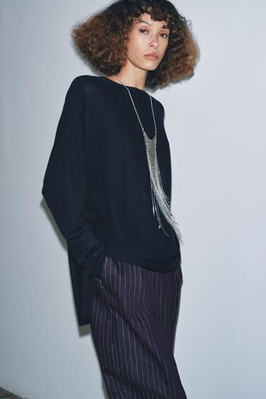 Zara LONG CAPE KNIT SWEATER - Navy blue
