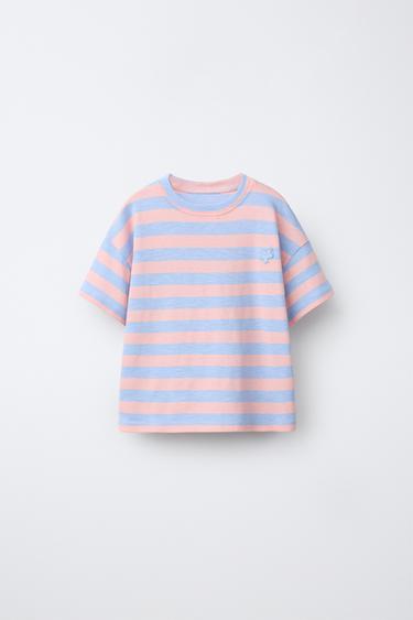 STRIPED T-SHIRT WITH FLORAL PATCH - Blue marl by Zara - Image 0