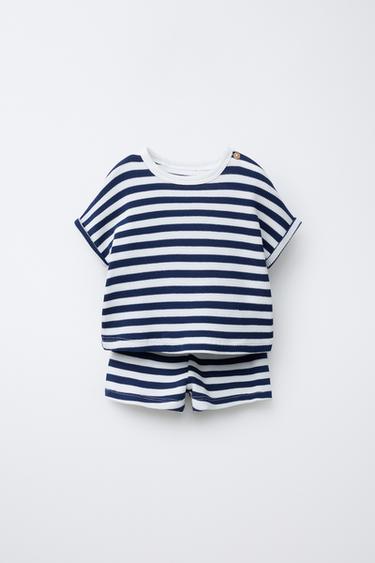 SET MIT T-SHIRT UND BERMUDASHORTS MIT WAFFELMUSTER UND STREIFEN - Marineblau von Zara