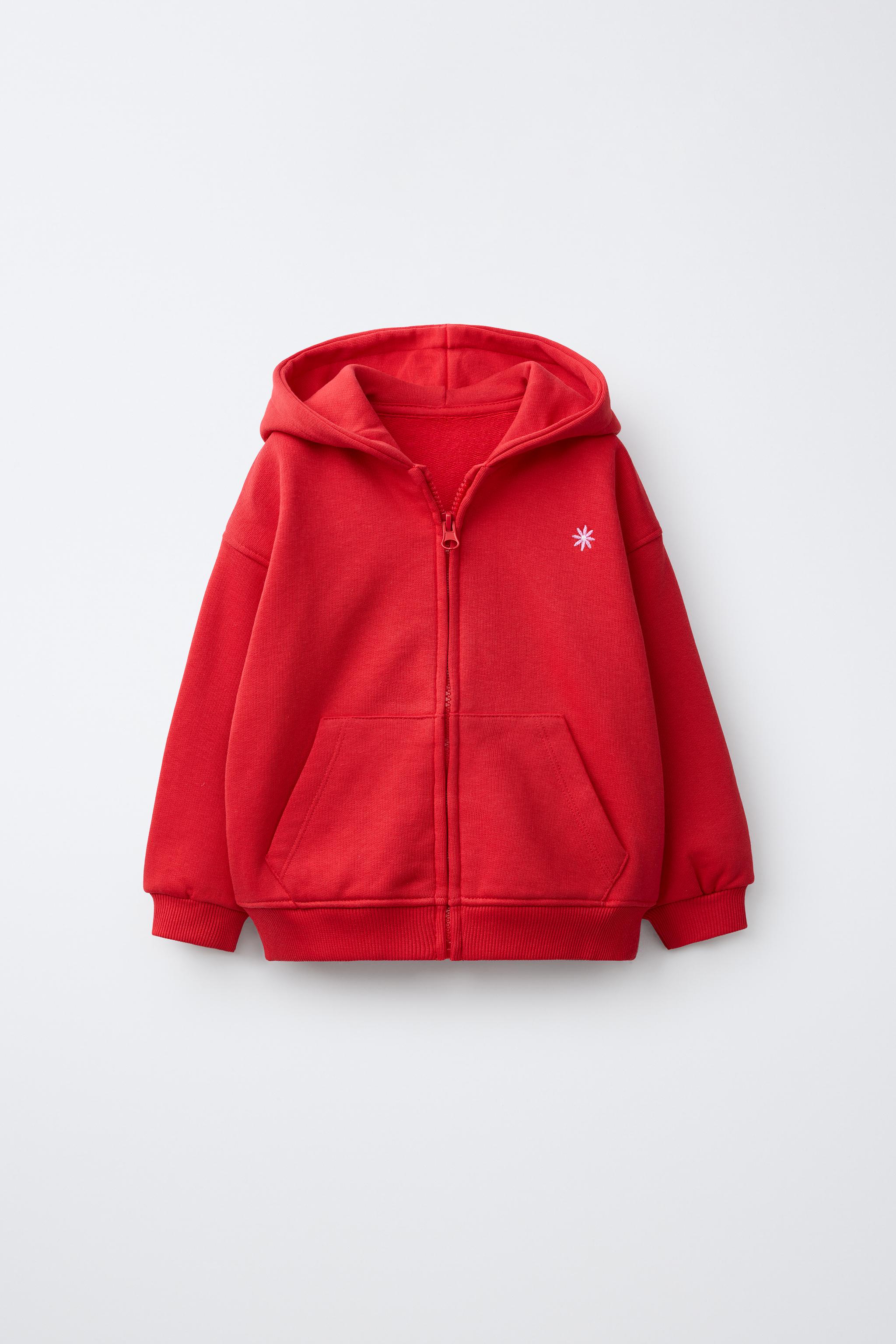 EMBROIDERED ZIP-UP HOODIE — Red