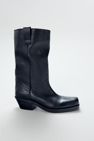 Zara LEATHER COWBOY ANKLE BOOTS - Black