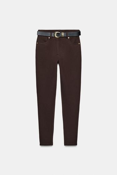 Zara MID-RISE BELTED JEGGINGS - Dark brown