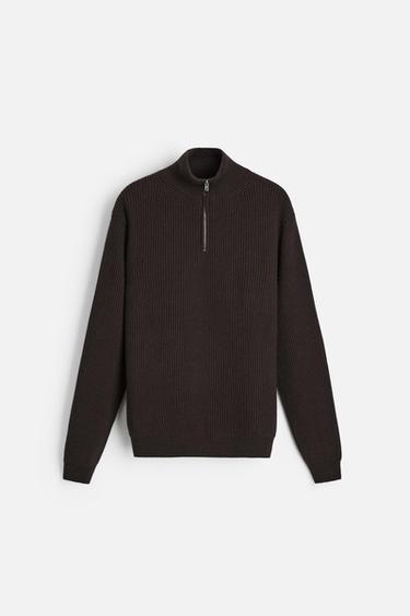 COTTON-CASHMERE ZIP-UP SWEATER - Dark brown by Zara