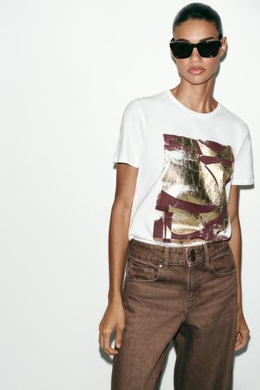 METALLIC SHORT SLEEVE T-SHIRT - Golden by Zara