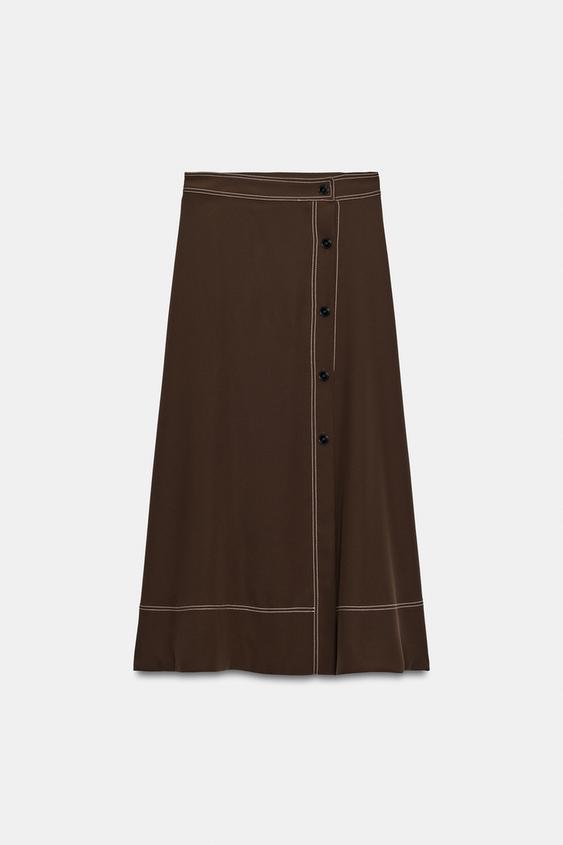 JUPE MI-LONGUE CAPE SURPIQÛRE CONTRASTE - Marron de Zara - Image 5
