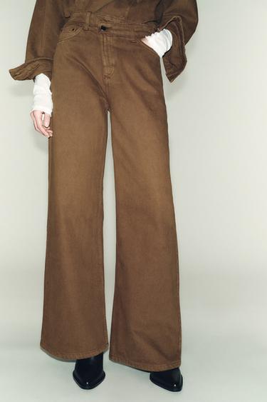 Zara Z1975 WIDE LEG CROSSED HIGH-WAIST JEANS - Light brown