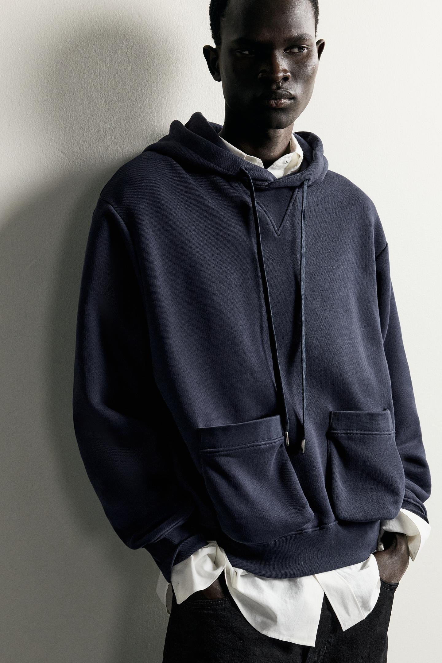 Мужское худи Zara Relaxed Fit Pocket, цвет: Тёмно-синий — фото 5