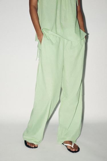 Zara STRIPED PALAZZO PANTS - Green/White