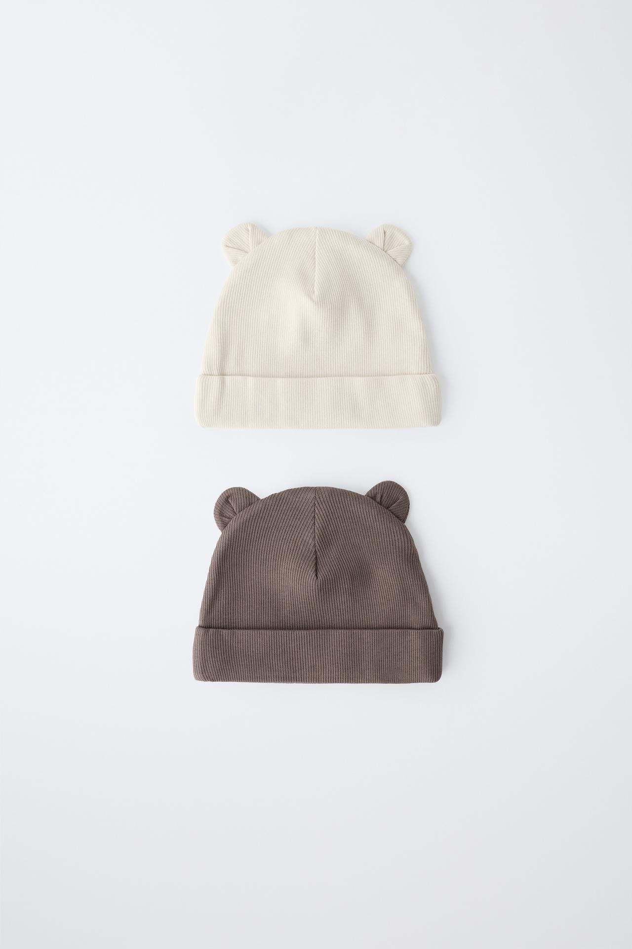 2-PACK RIBBED BEANIES WITH EARS — Ecru / Brown