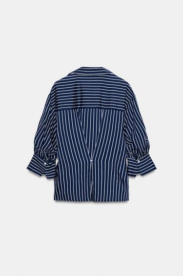 STRIPED PUFF SLEEVE SHIRT - Navy / White by Zara - Image 11