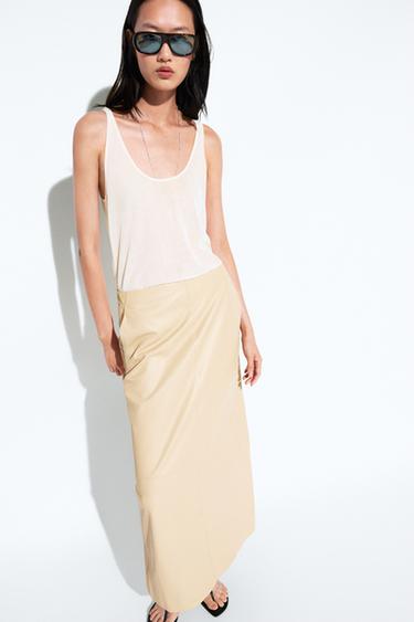 Zara Nappa leather midi skirt - Biscuit