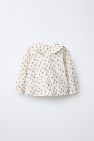 Zara TEXTURED FLORAL T-SHIRT - Ecru - Image 0