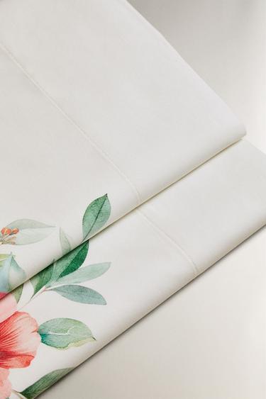 FLORAL PRINT COTTON FLAT SHEET - Oyster-white by Zara - Image 4