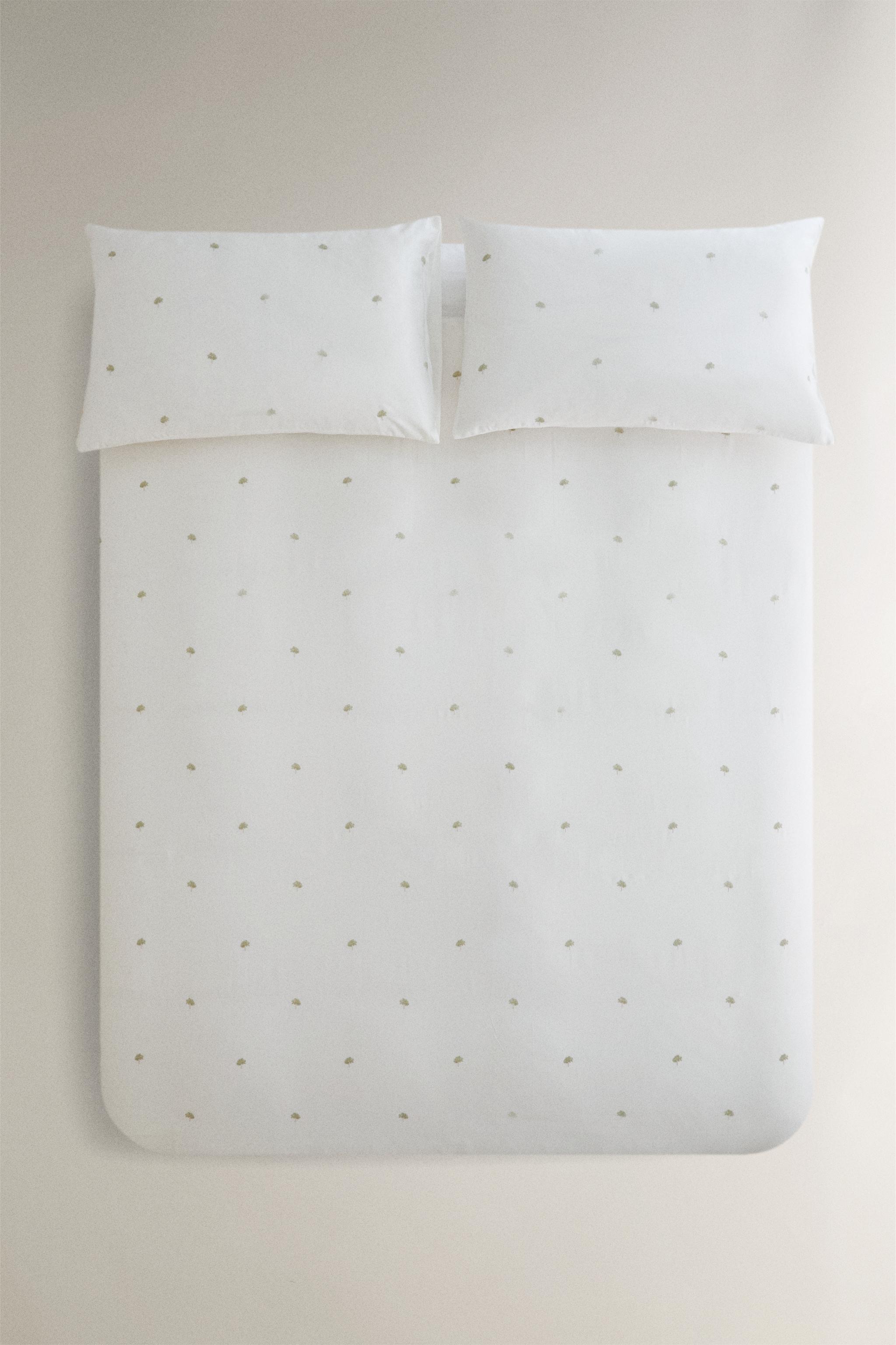 DUVET COVER WITH EMBROIDERED TREES — Oyster-white