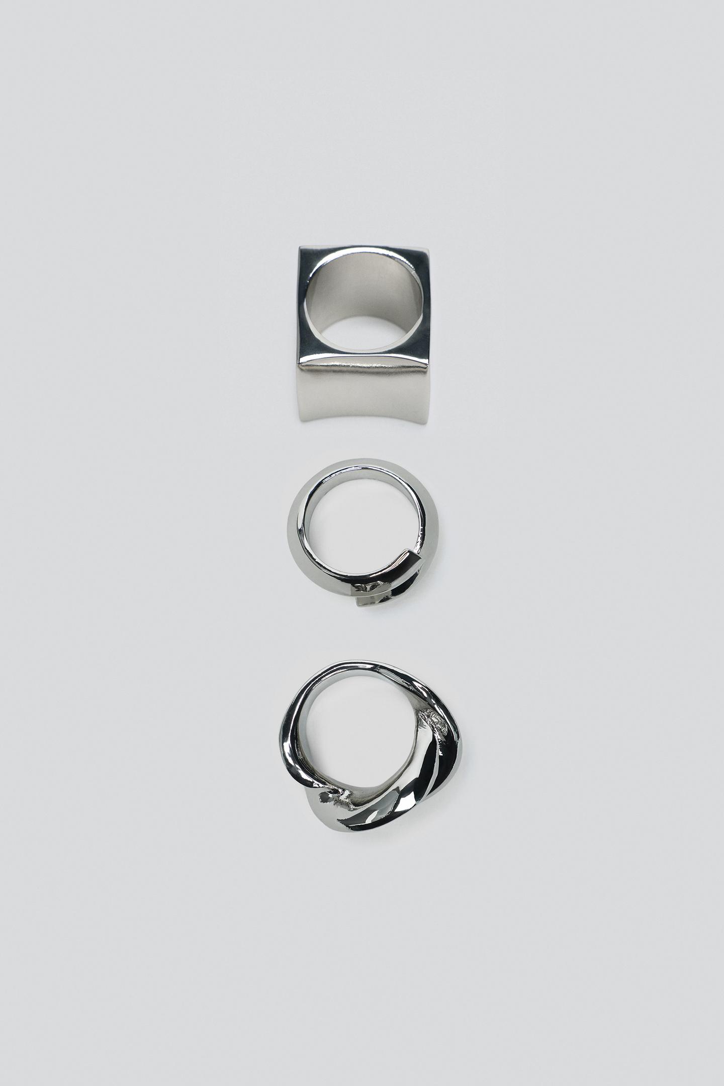 Женские кольца Zara 3-PACK OF Geometric Metal, цвет: Серебряный