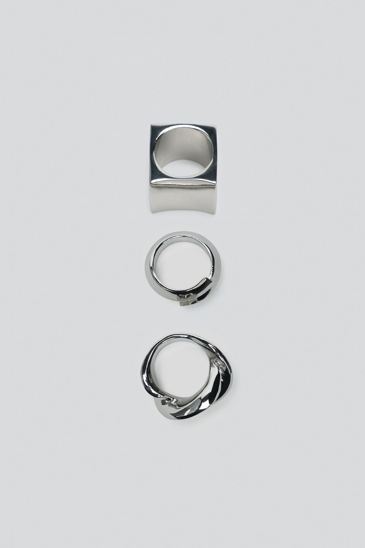 3-PACK OF GEOMETRIC METAL RINGS — Silver